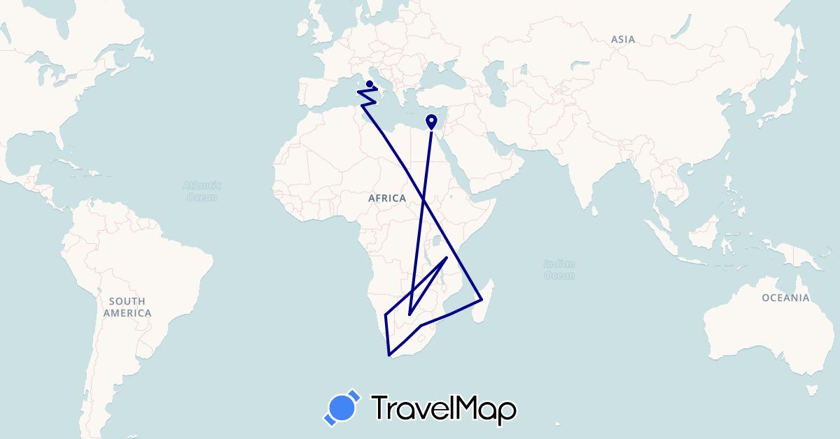 TravelMap itinerary: driving in Botswana, Egypt, Italy, Madagascar, Namibia, Tunisia, Tanzania, South Africa (Africa, Europe)